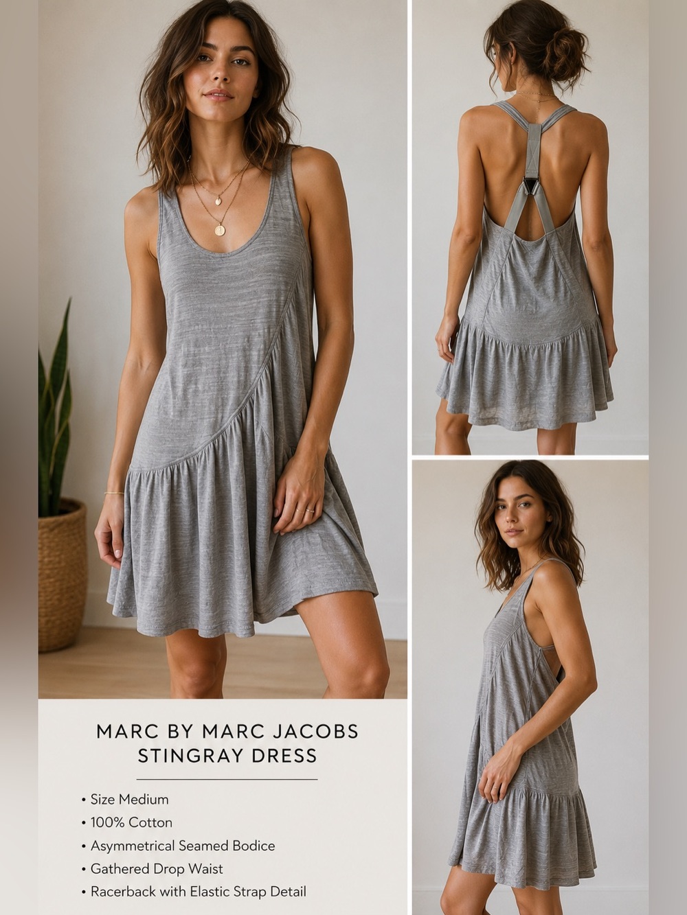 Marc by Marc Jacobs Stingray Dress Medium Gray Cotton Asymmetrical  Racerback